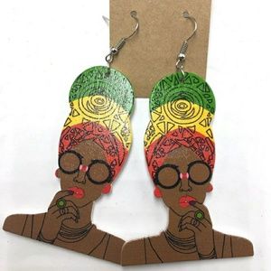 African Head Wrap Wooden Dangle Earrings